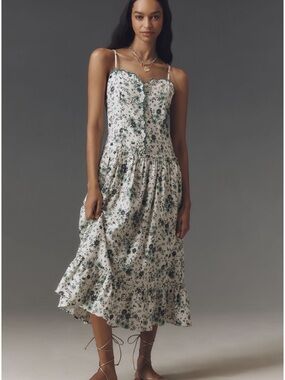 Anthropologie White Floral Midi Dress with Green Trim